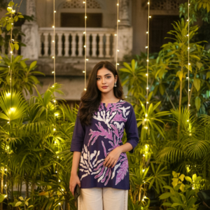 Artisanal Mauve Hand Batik Cotton Short Kurti / Round Neck V cut Tunic Top