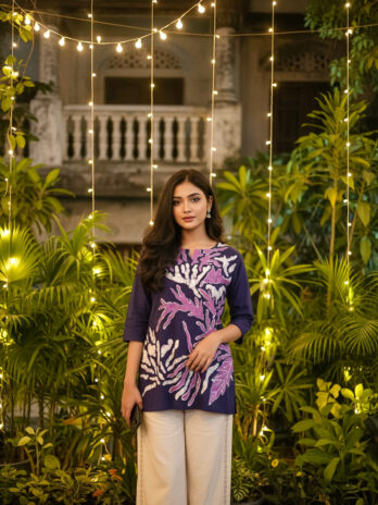 Artisanal Mauve Hand Batik Cotton Short Kurti / Round Neck V cut Tunic Top