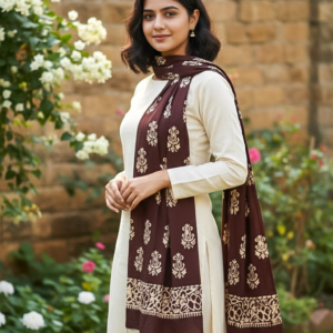 Brown Artisanal Batik Stole – Pure Cotton Winter Wrap with Hand-Painted Designs