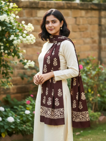 Brown Artisanal Batik Stole – Pure Cotton Winter Wrap with Hand-Painted Designs