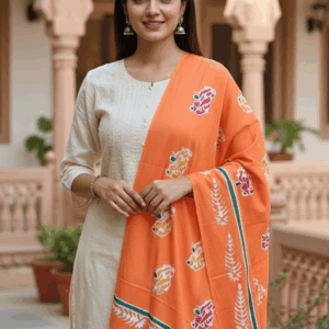 Orange Pure Cotton Hand-Painted Wax Batik Stole for Winter