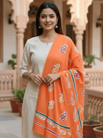 Orange Pure Cotton Hand-Painted Wax Batik Stole for Winter