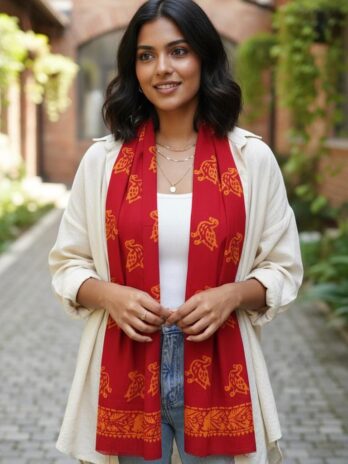 Red Pure Cotton Hand-Painted Wax Batik Stole for Winter
