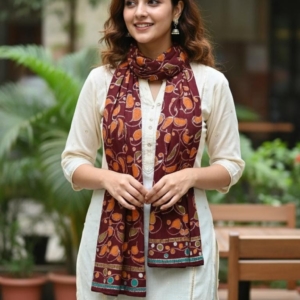 Maroon & Orange Leaf Pattern Pure Cotton Hand-Painted Wax Batik Stole for Winter