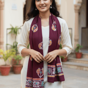 Maroon Artisanal Batik Stole – Pure Cotton Winter Wrap with Hand-Painted Designs