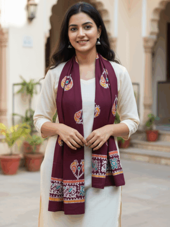 Maroon Artisanal Batik Stole – Pure Cotton Winter Wrap with Hand-Painted Designs