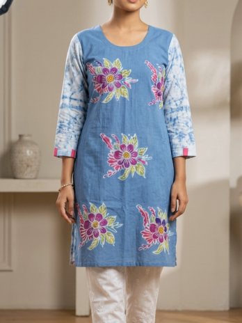 Sky Blue Floral Hand Batik Cotton Kurti