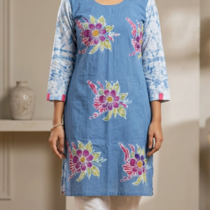 Sky Blue Floral Hand Batik Cotton Kurti