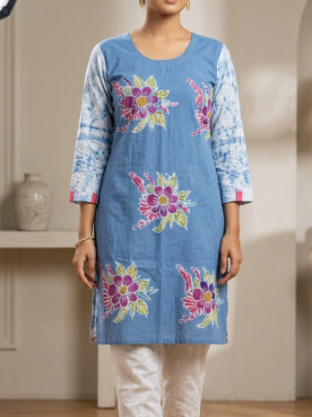Sky Blue Floral Hand Batik Cotton Kurti