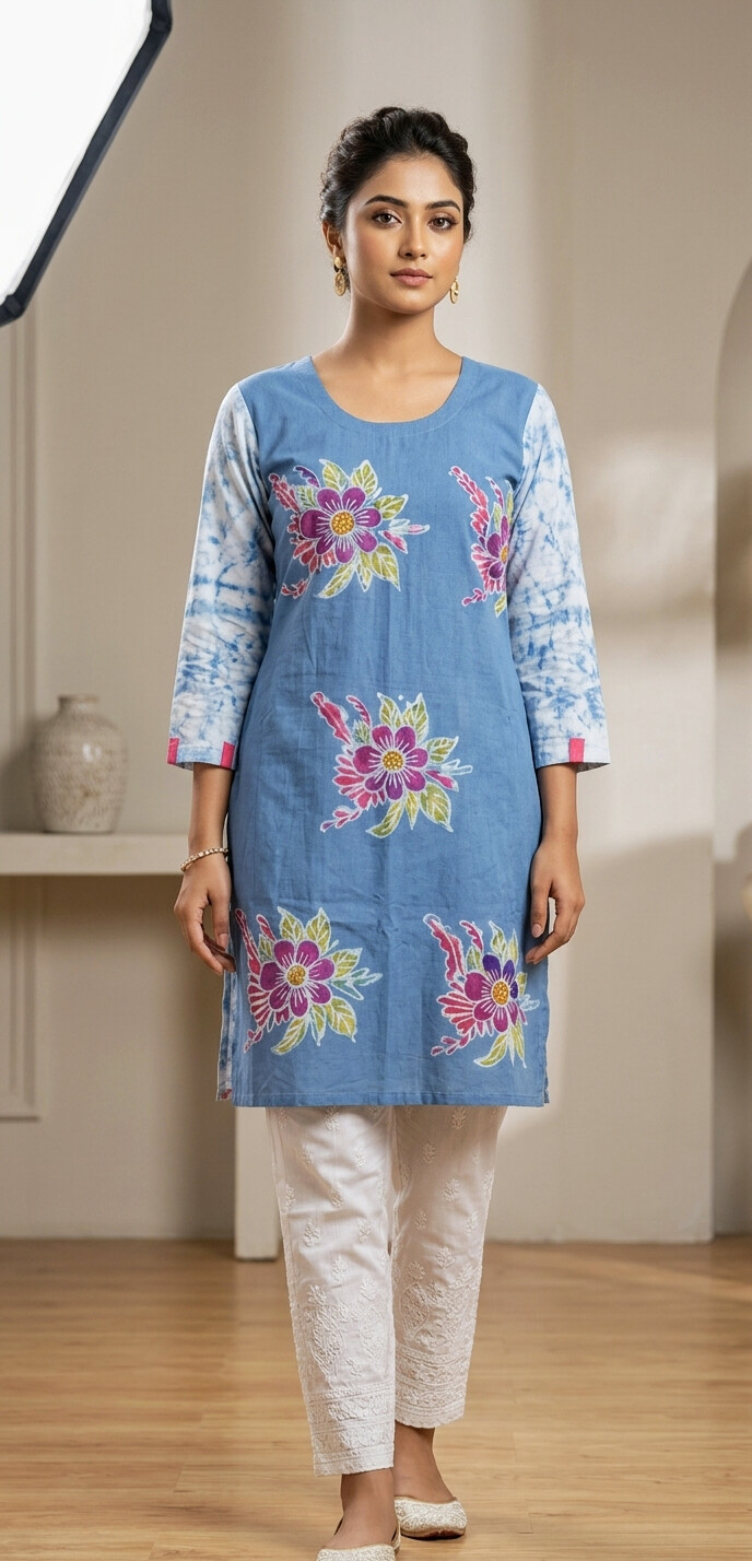 Sky Blue Floral Hand Batik Cotton Kurti