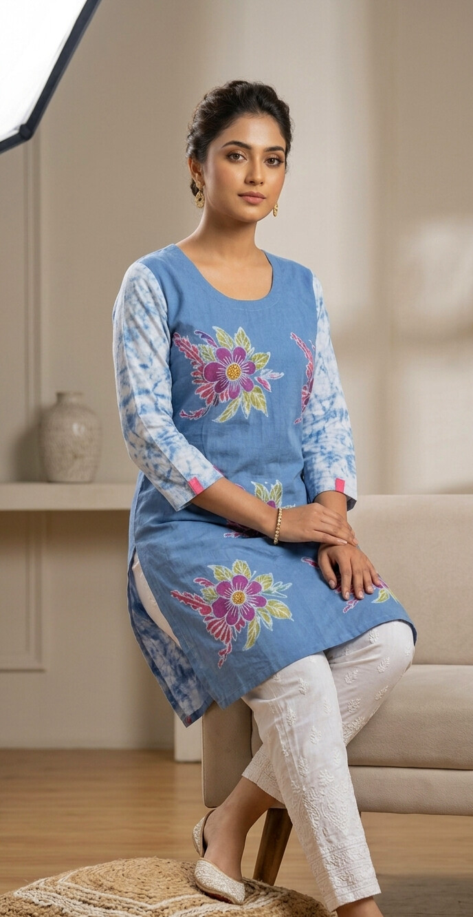 Sky Blue Floral Hand Batik Cotton Kurti - Image 2