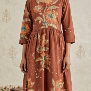Rust Orange Floral Hand Batik Cotton Kurti