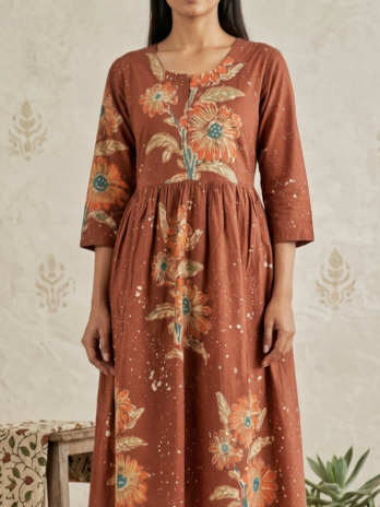 Rust Orange Floral Hand Batik Cotton Kurti