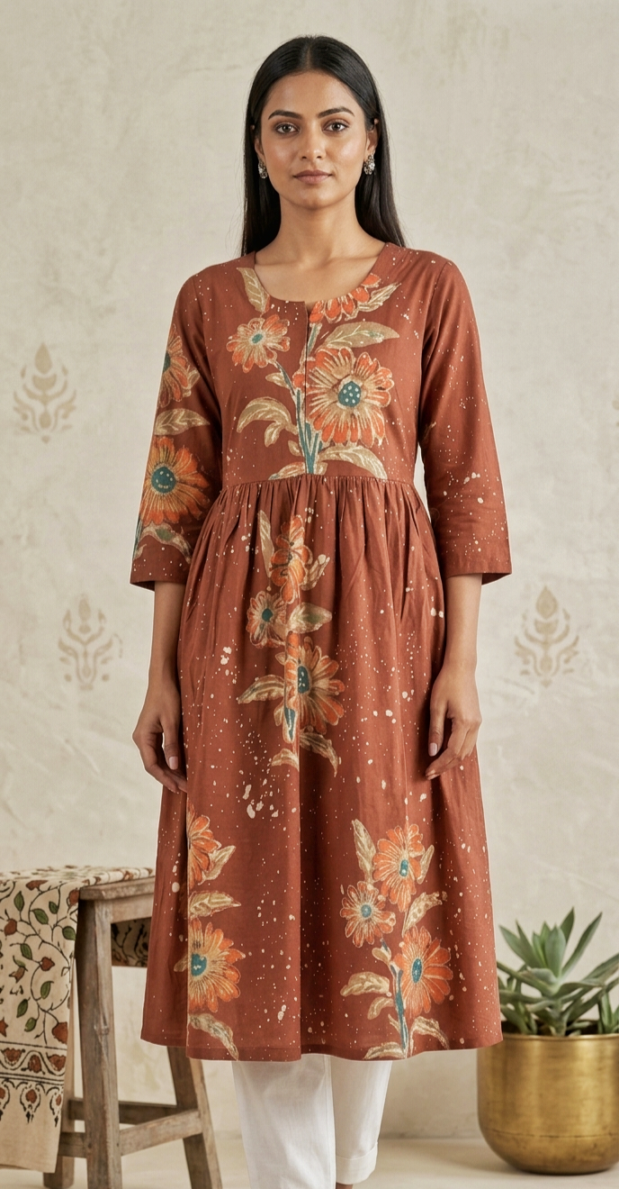 Rust Orange Floral Hand Batik Cotton Kurti