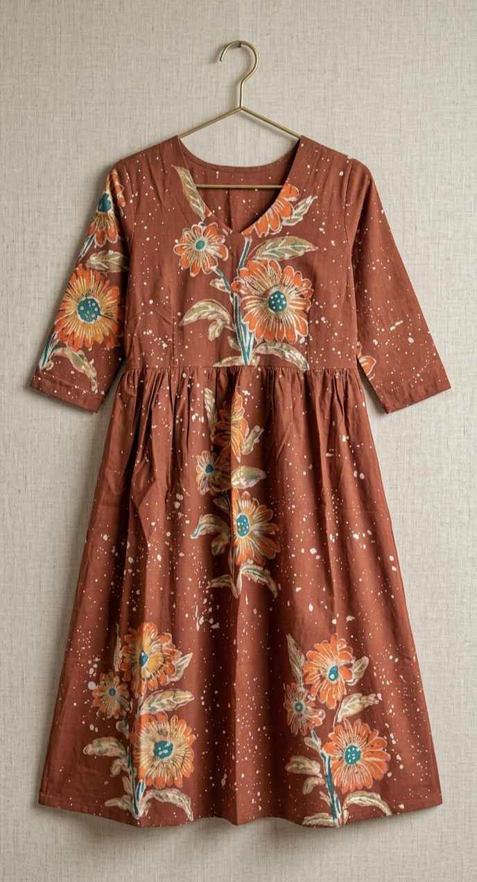 Rust Orange Floral Hand Batik Cotton Kurti - Image 2