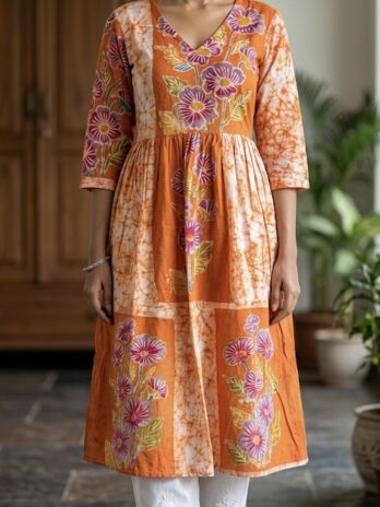 Orange Floral Hand Batik Cotton Kurti