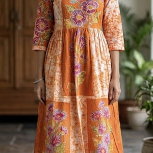 Orange Floral Hand Batik Cotton Kurti