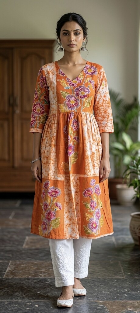 Orange Floral Hand Batik Cotton Kurti